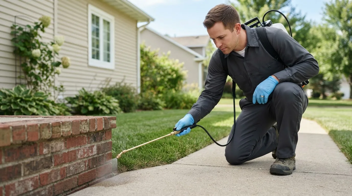 Pest control technician treating a home near Effingham, NH